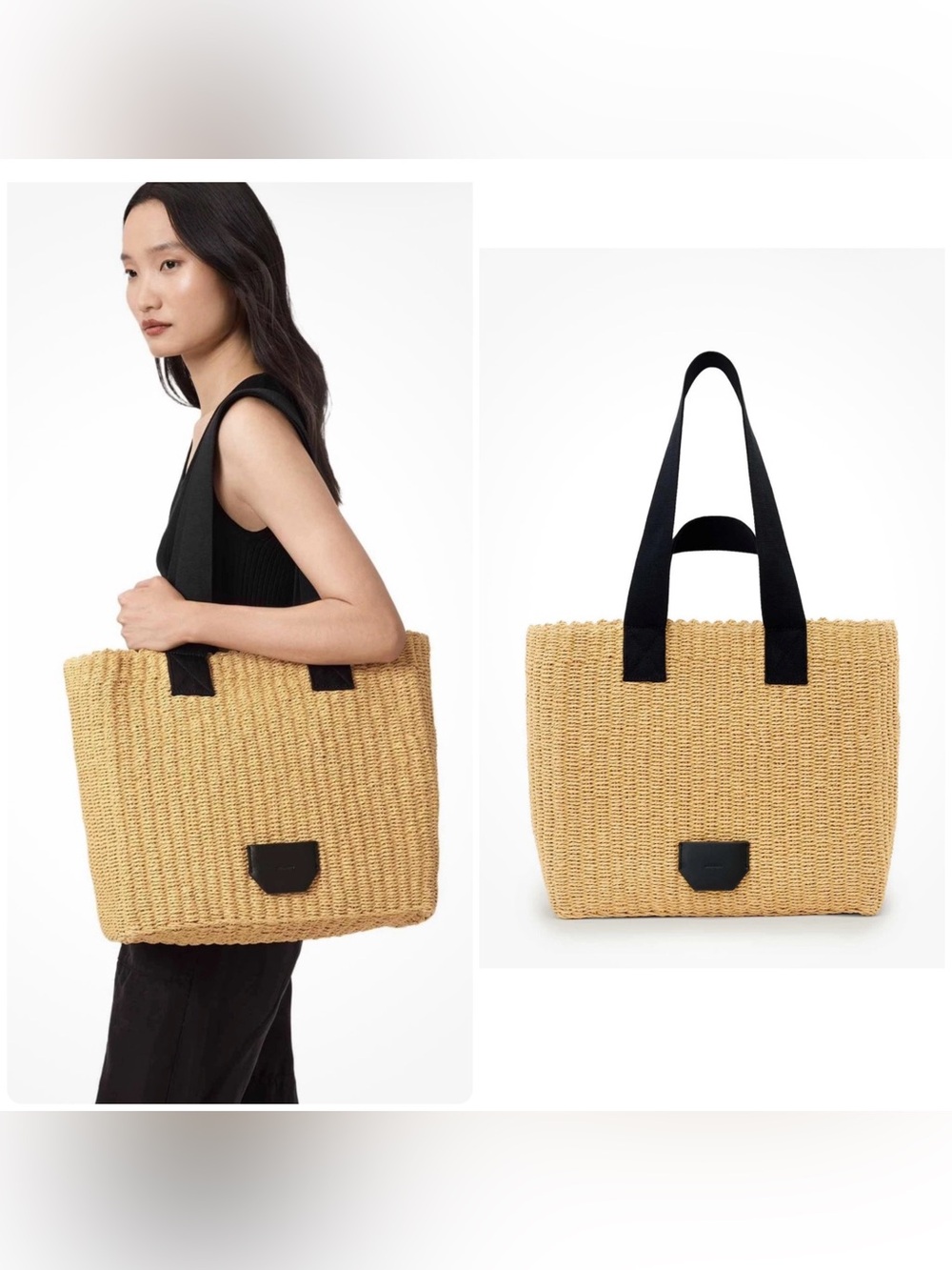 AllSaints Izzy Paper Straw Raffia Tote Bag in Natural and Black Straps